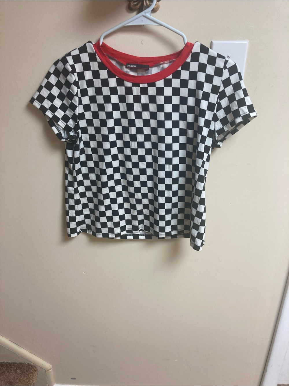 Love Culture Black & White Checkerboard Tee with Red Neckline